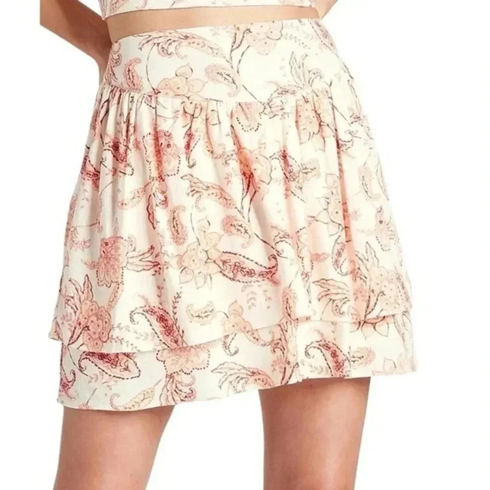 Express Ivory & Pink Linen Blend Paisley Tiered Ruffle Mini Skirt Size 00 NWT